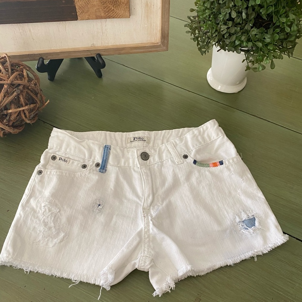 Polo by Ralph Lauren White Girls' Denim Shorts with Multicolor Stitching